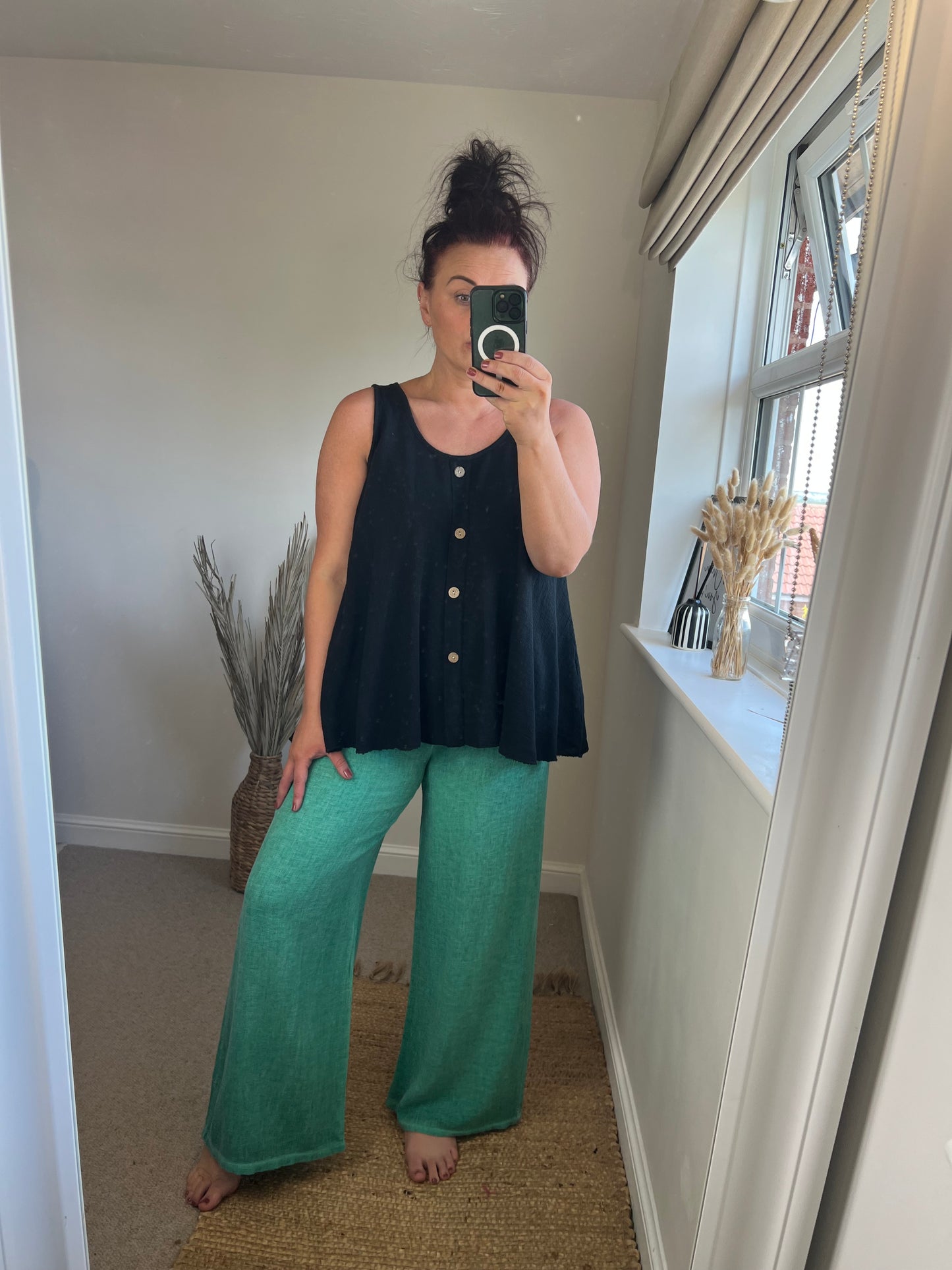 Wide Leg Linen Trousers - Aqua