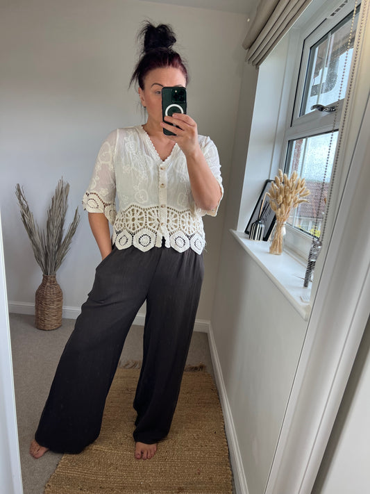 Wide Leg Linen Trousers - Chocolate