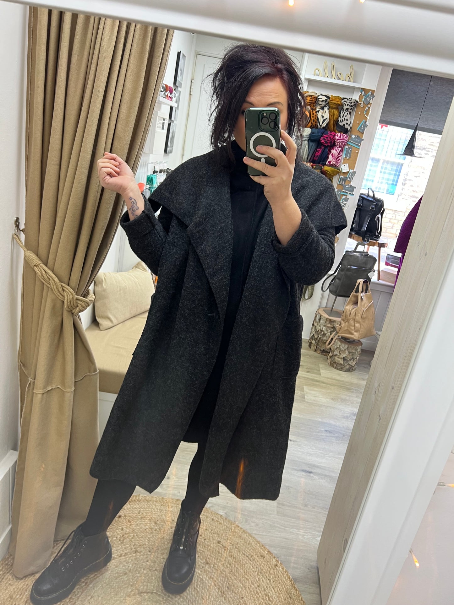 Boiled Wool Open Waterfall Coat - Black Grey