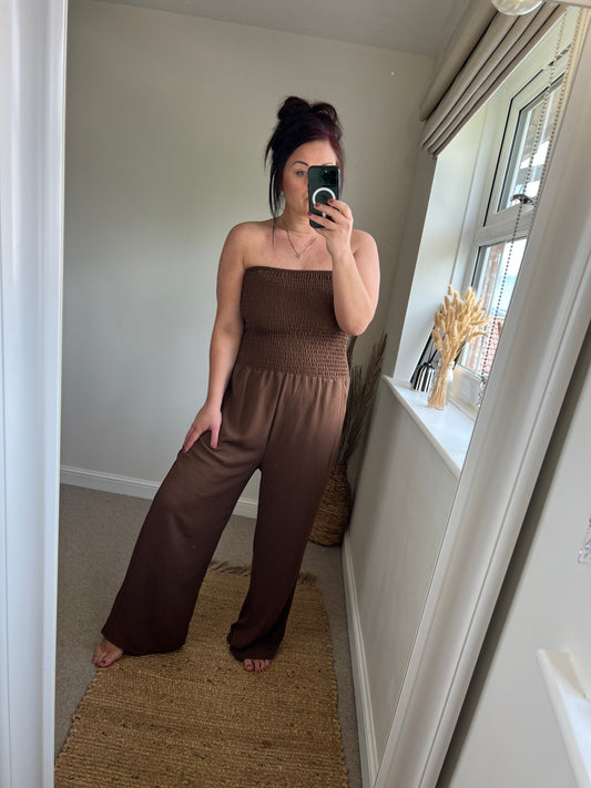 Shirred Strapless Jumpsuit - Brown