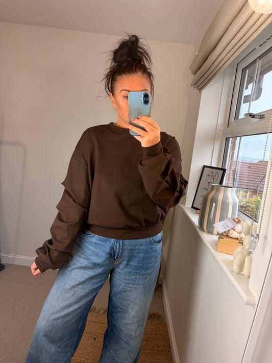 Ruched Sleeve Sweatshirt - Chocolate