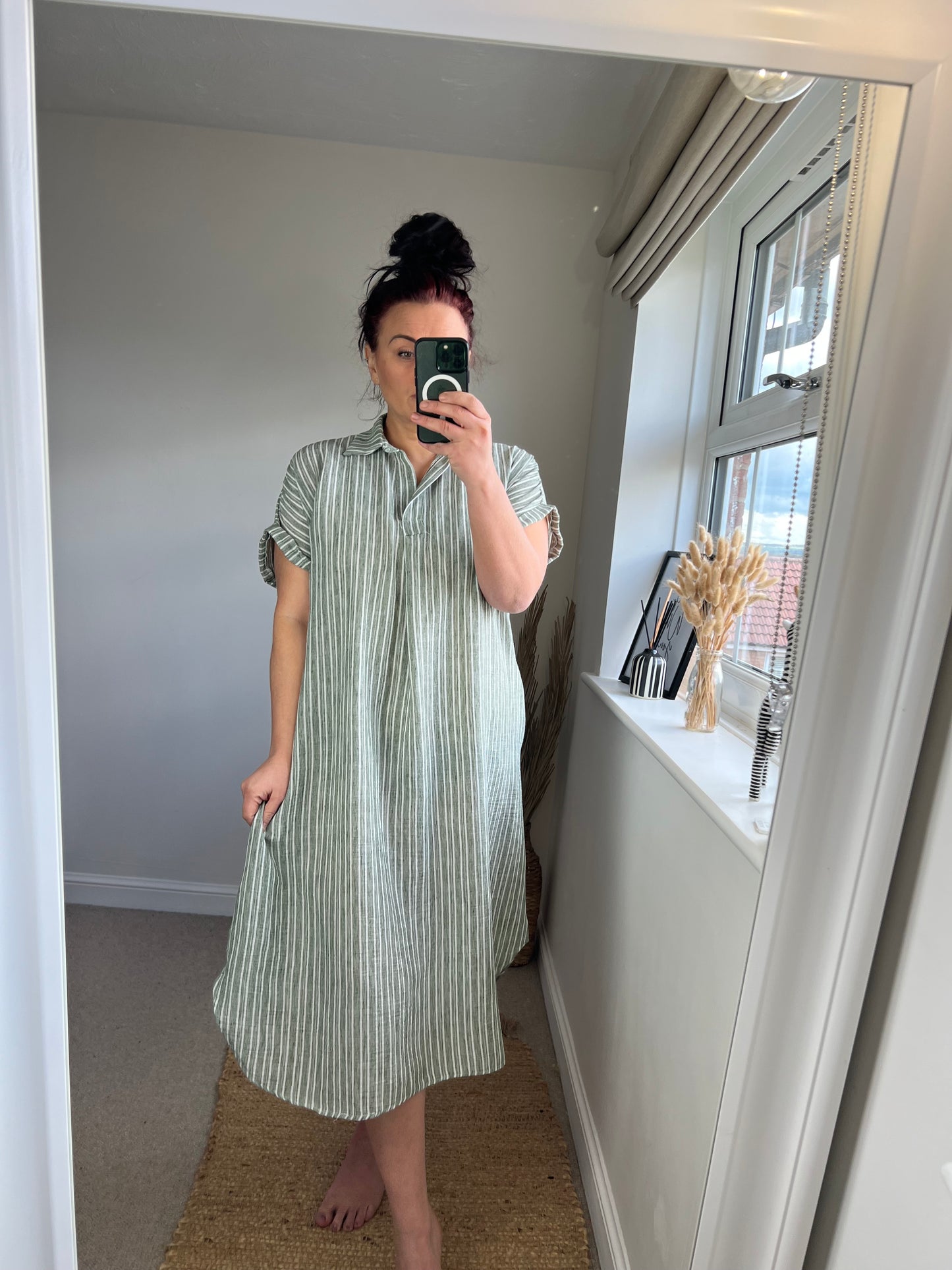 Stripe Cotton Midi Dress - Khaki