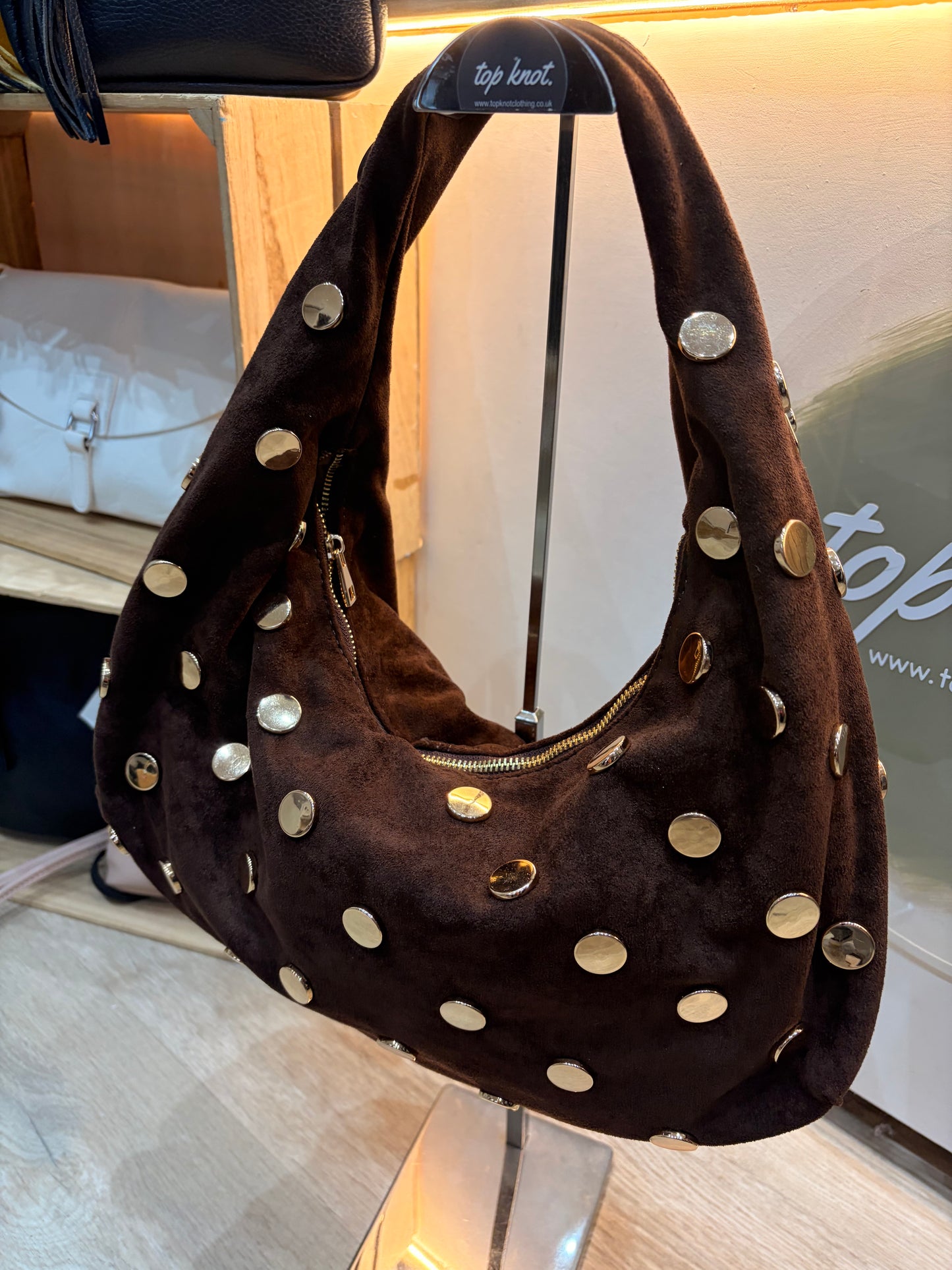 Faux Suede Gold Studded Bag - Chocolate