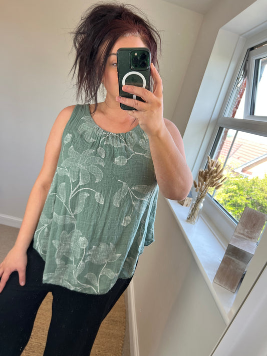 Cotton Overlay Vest Top - Khaki