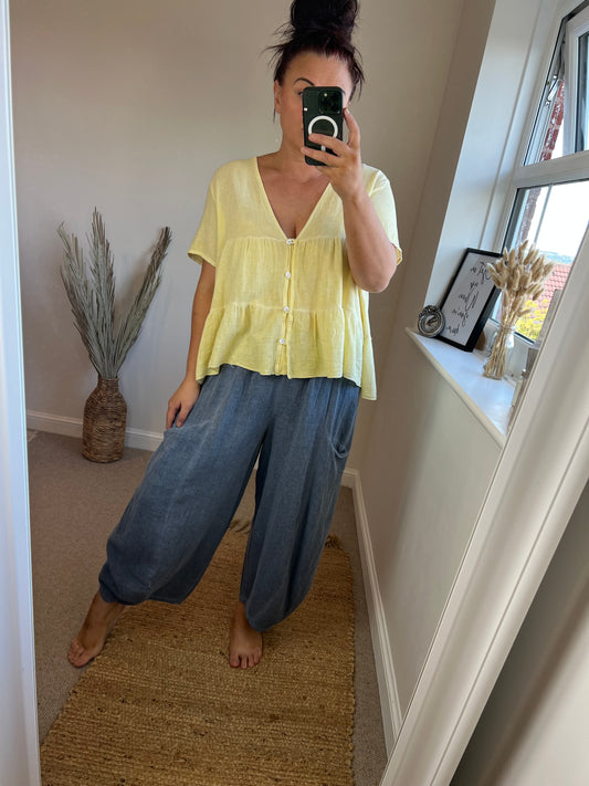 Barrel Leg Linen Trouser - Blue
