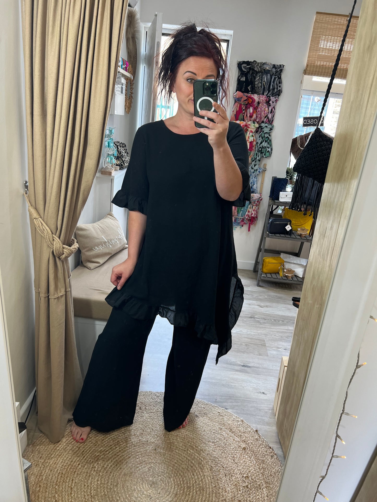 Linen Frill Tunic/Dress - Black