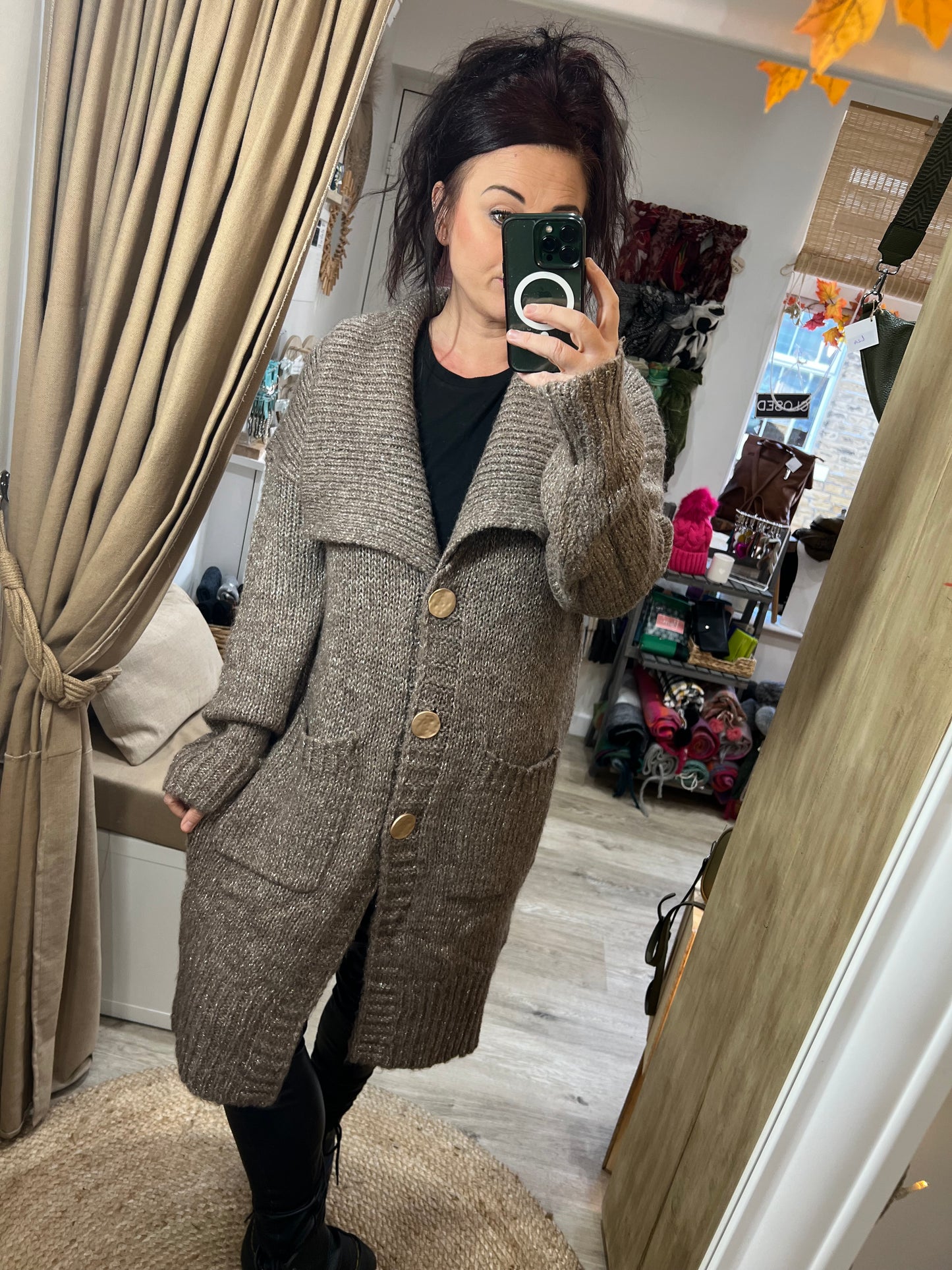Chunky Knit Long Cardigan - Mocha with Gold Flex