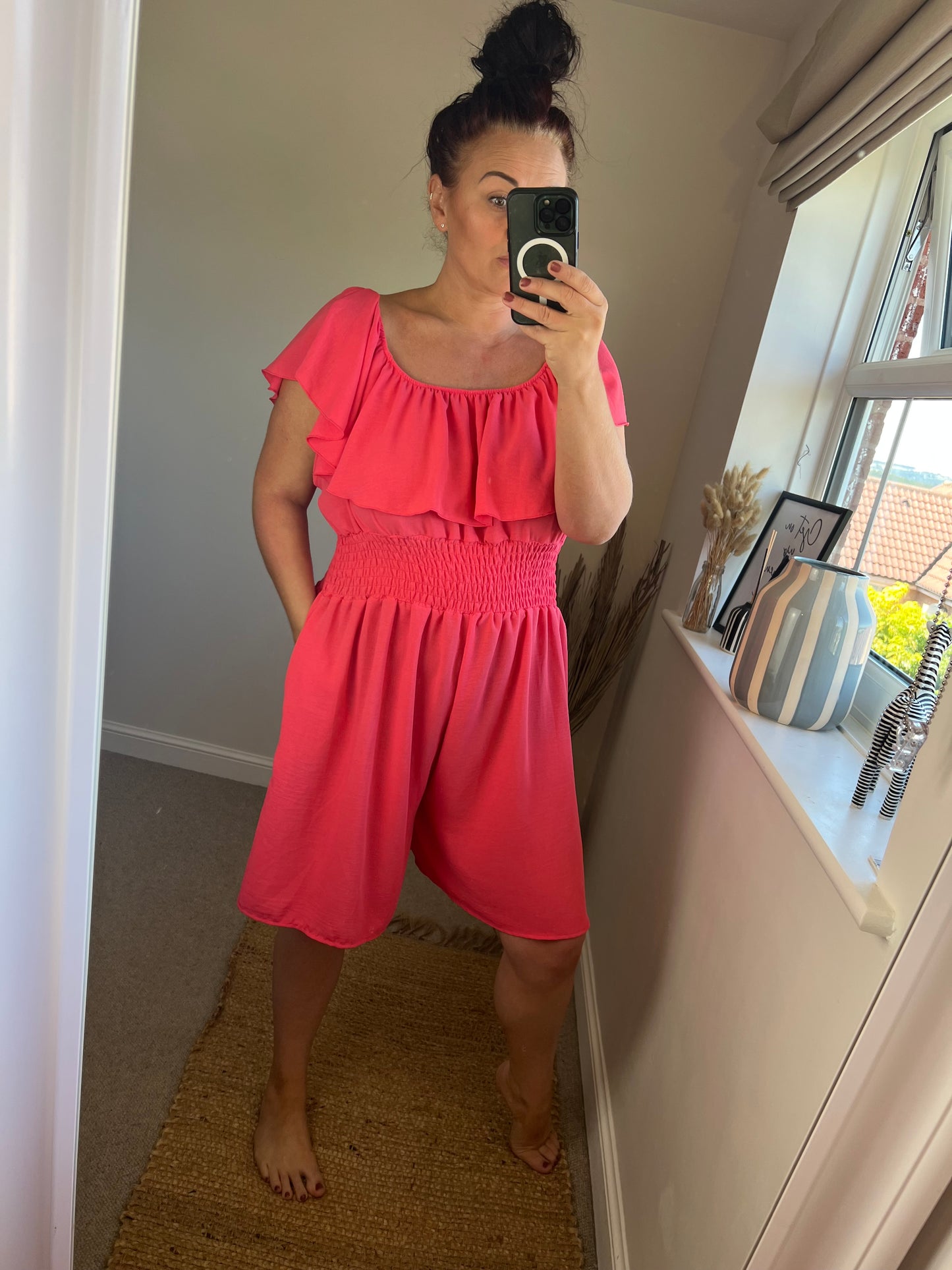 Shirred Waist Playsuit - Coral