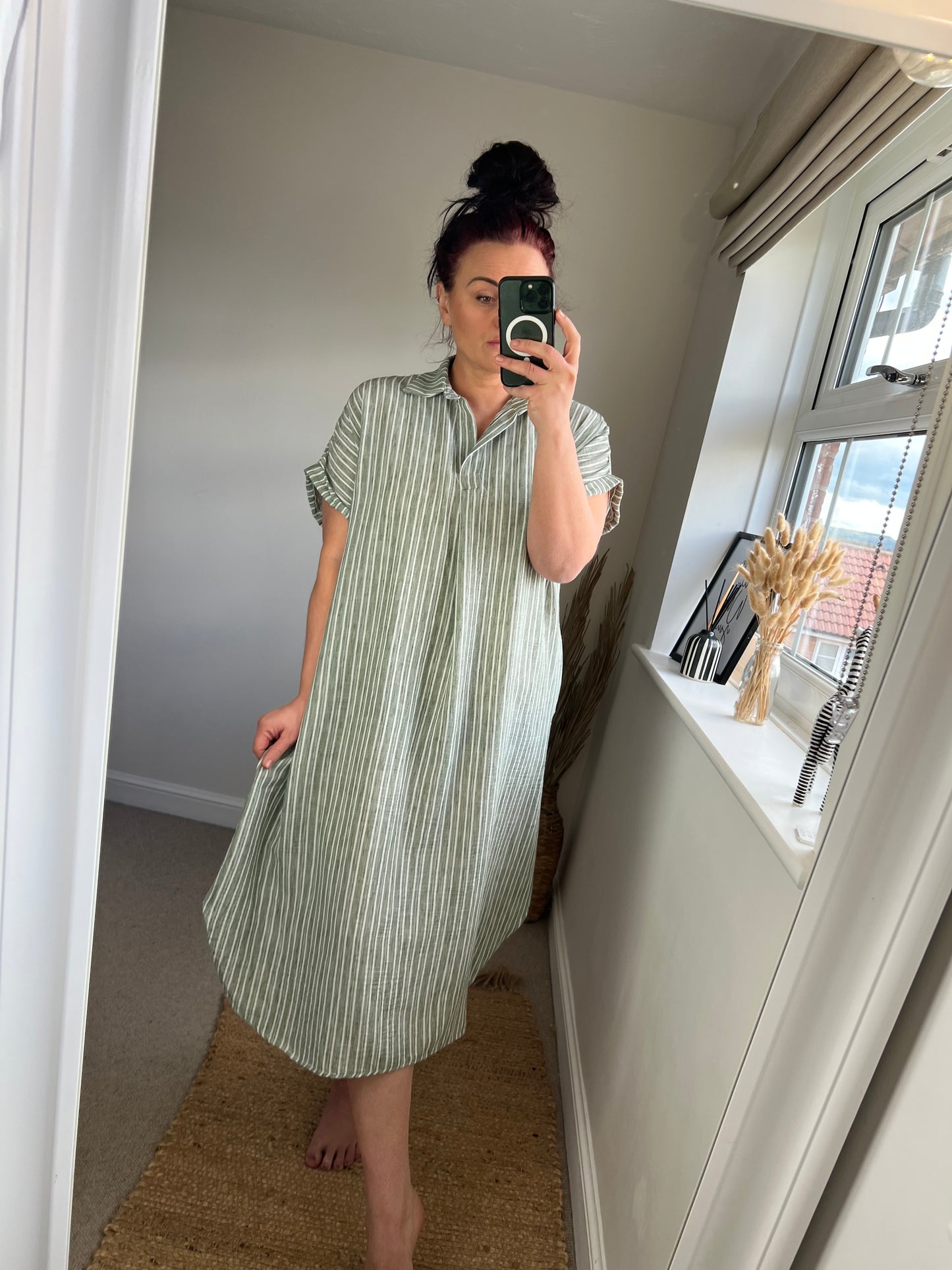 Stripe Cotton Midi Dress - Khaki