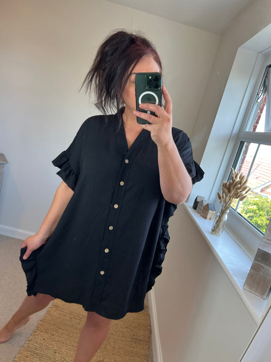 Frill Shirt Dress - Black