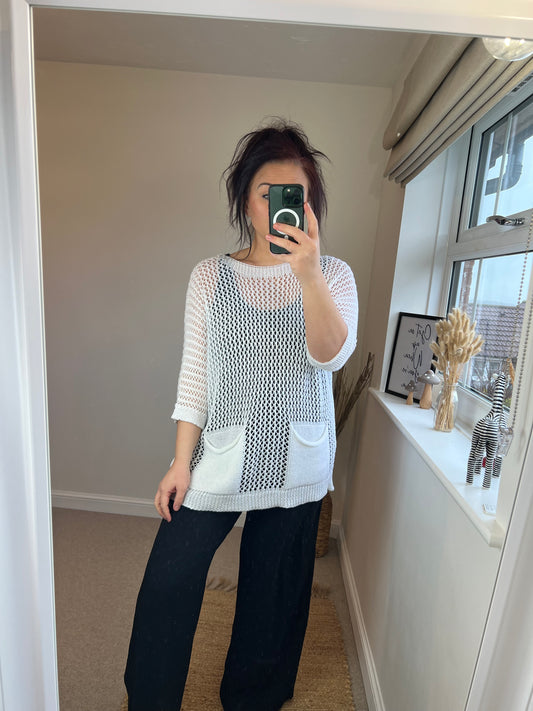 Crochet Pocket Top - White