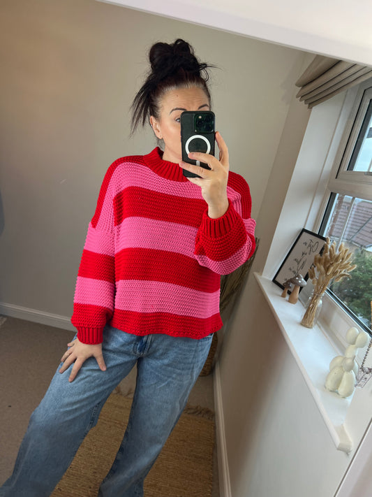 Chunky Knit Stripe Jumper - Pink/Red