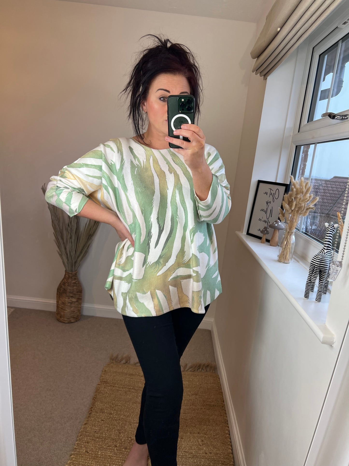 Animal Print Fine Knit Jumper - Khaki