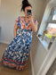 Magic Shirred V Neck Button Dress with Pockets - Blue/Orange