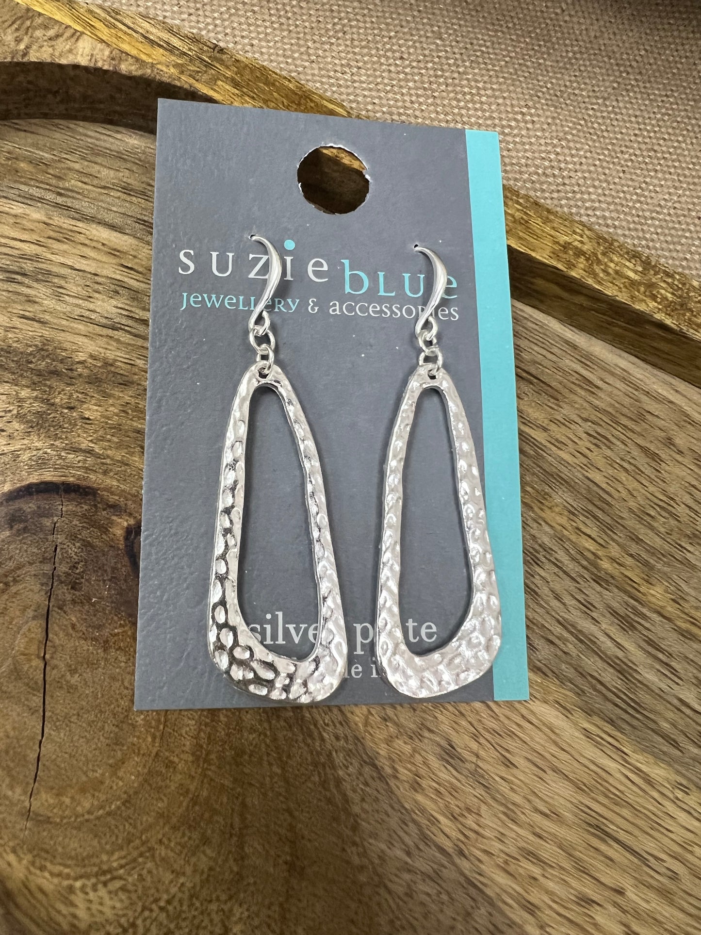 Suzie Blue Silver Plated Hammered Oval Earrings