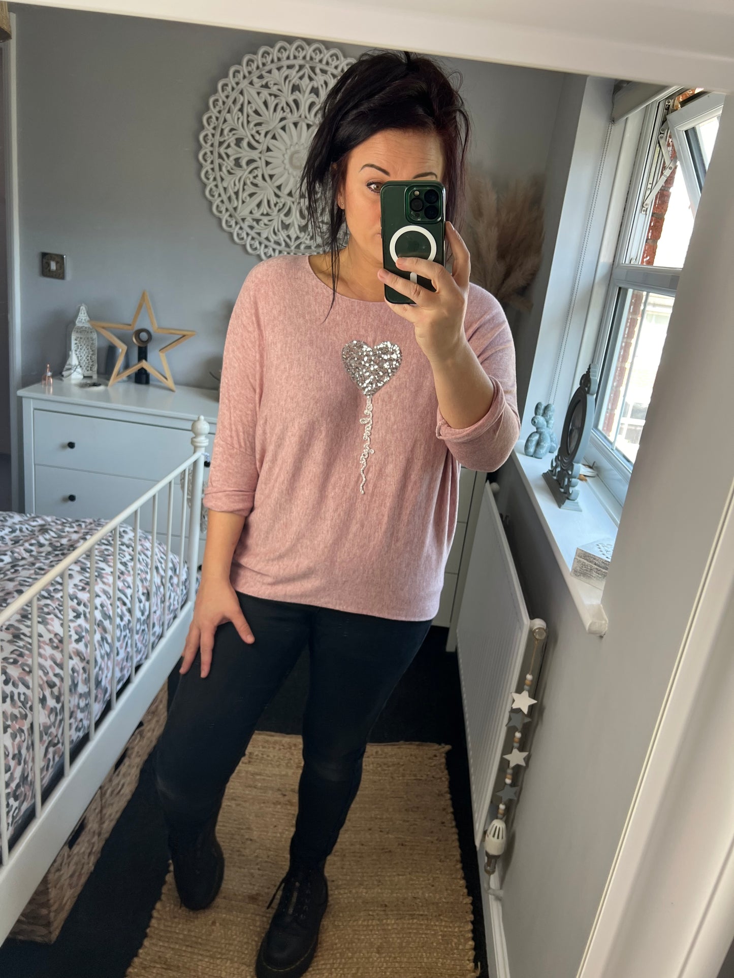 Fine Knit Sequin Heart Jumper - Blush