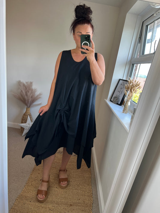 Hanky Hem Drawstring Dress - Black