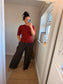Needle Cord Barrel Leg Trousers - Chocolate