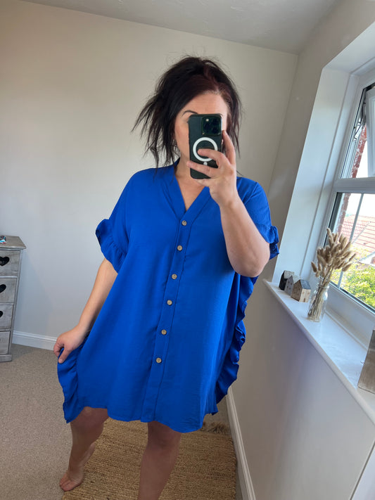 Frill Shirt Dress - Cobalt