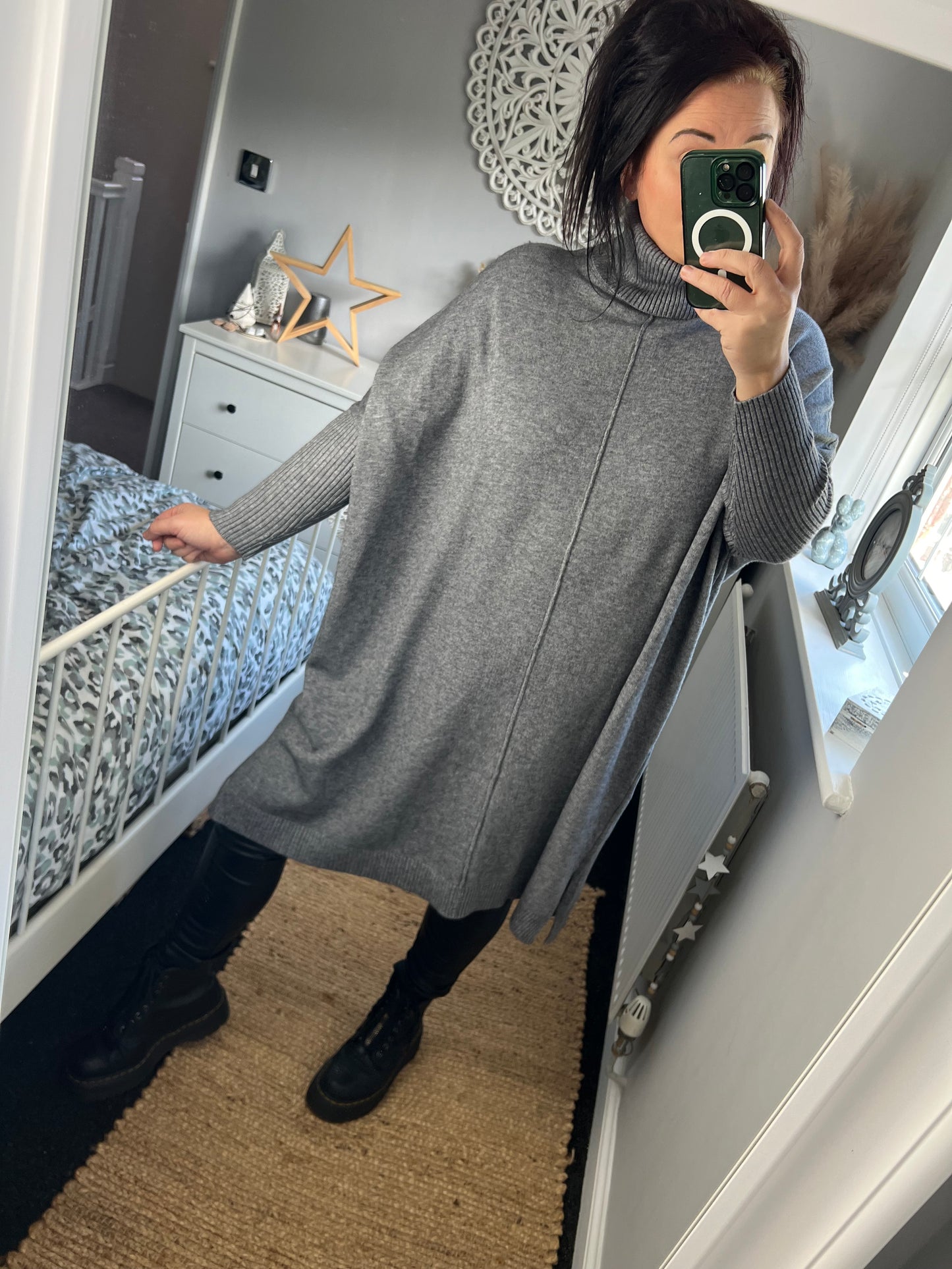 Roll Neck Jumper Dress - Grey