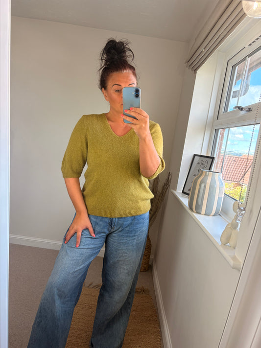 V Neck Three Quarter Jumper - Pistachio