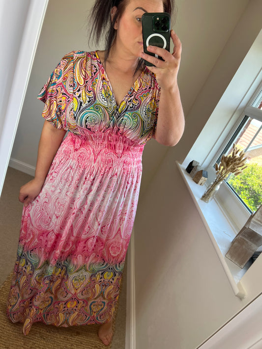 Slinky Mandala Grecian Dress - Pink/Green