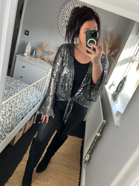 Sequin Flute Sleeve Bolero - Silver