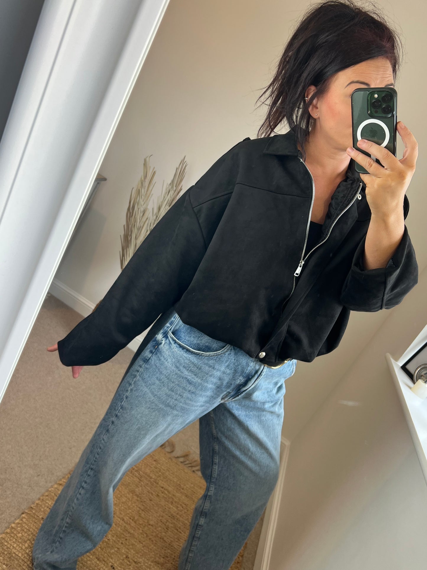 Faux Suede Oversized Bomber Jacket - Black