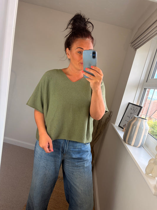 Boxy V Neck Short Sleeve Jumper - Khaki