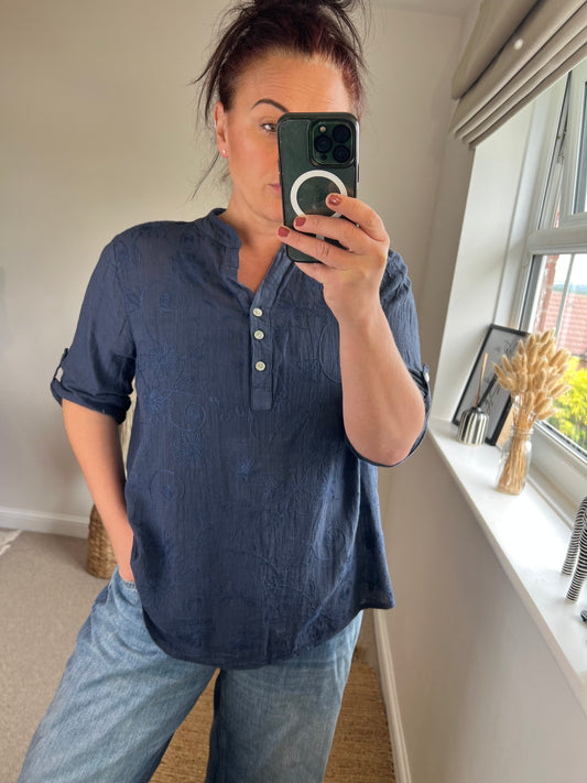 Cotton Shirt - Embroidered Navy