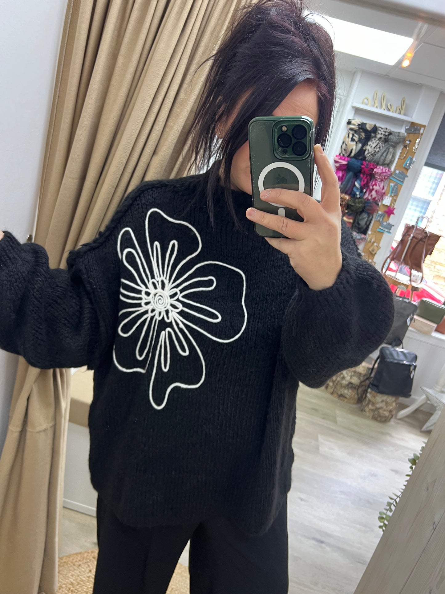 Chunky Knit Jumper with Embroidered Flower - Black