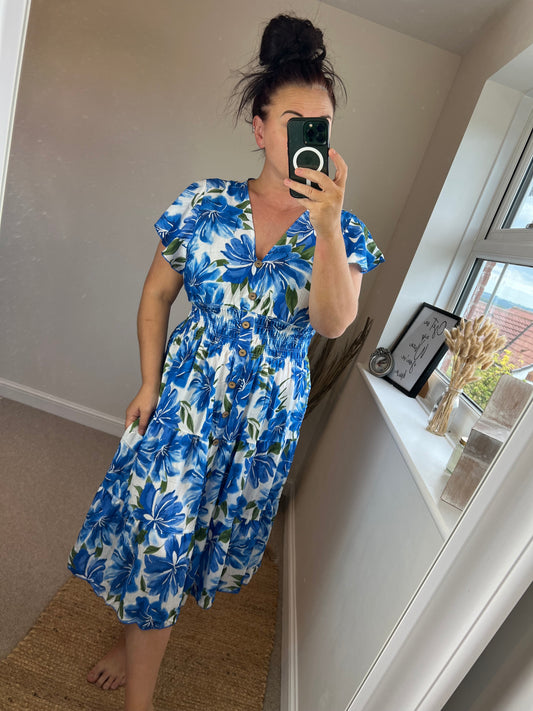 LOTTIE Midi Button Dress with Pockets - Tropical Cobalt
