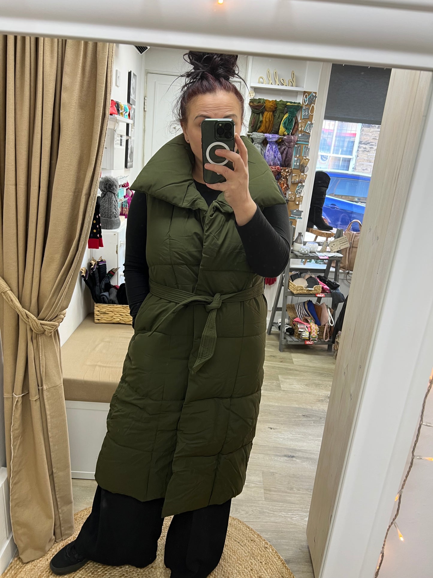 Quilted Gilet with Belt - Khaki