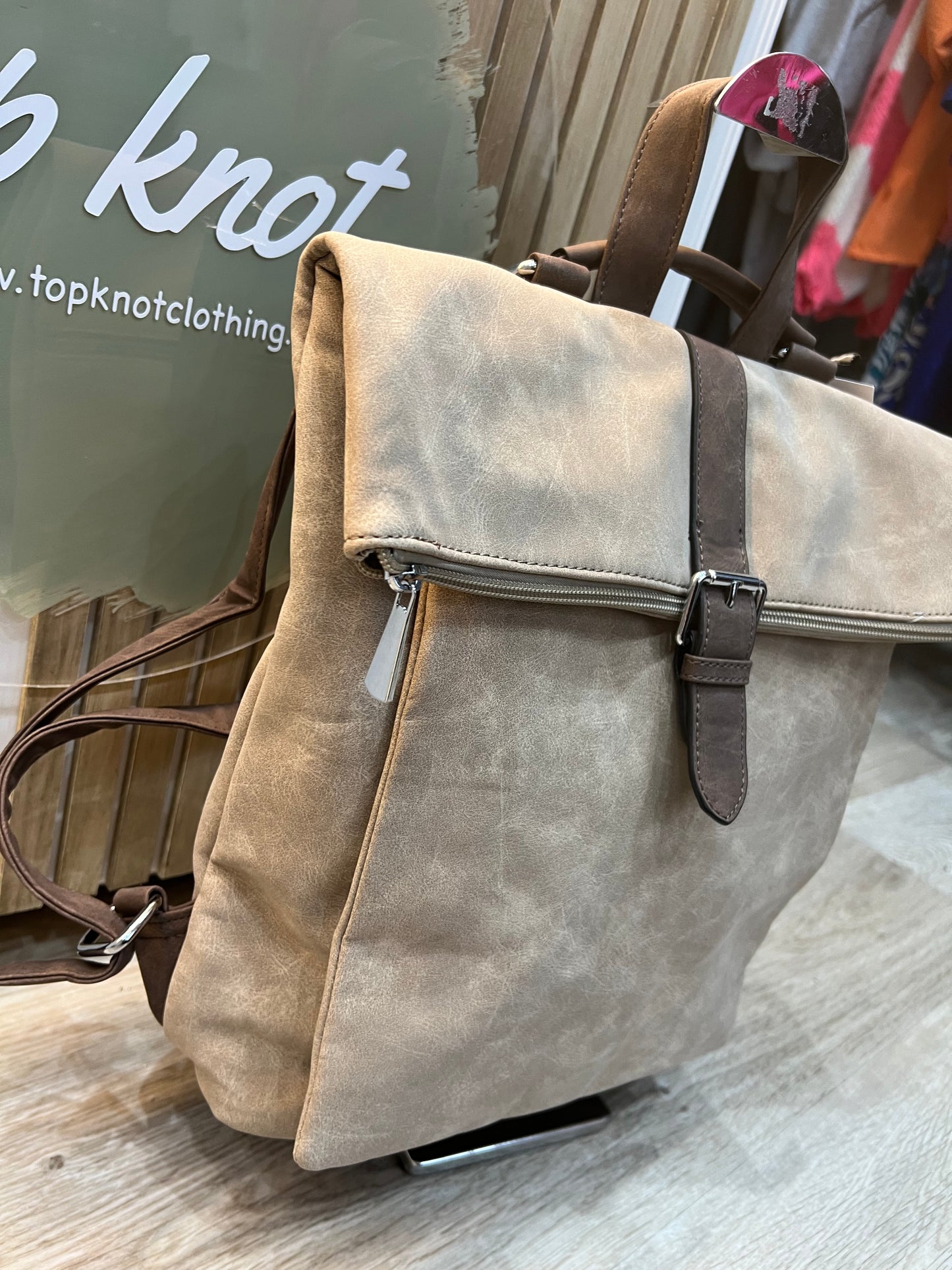 Faux Suede Rucksack - Taupe/Brown