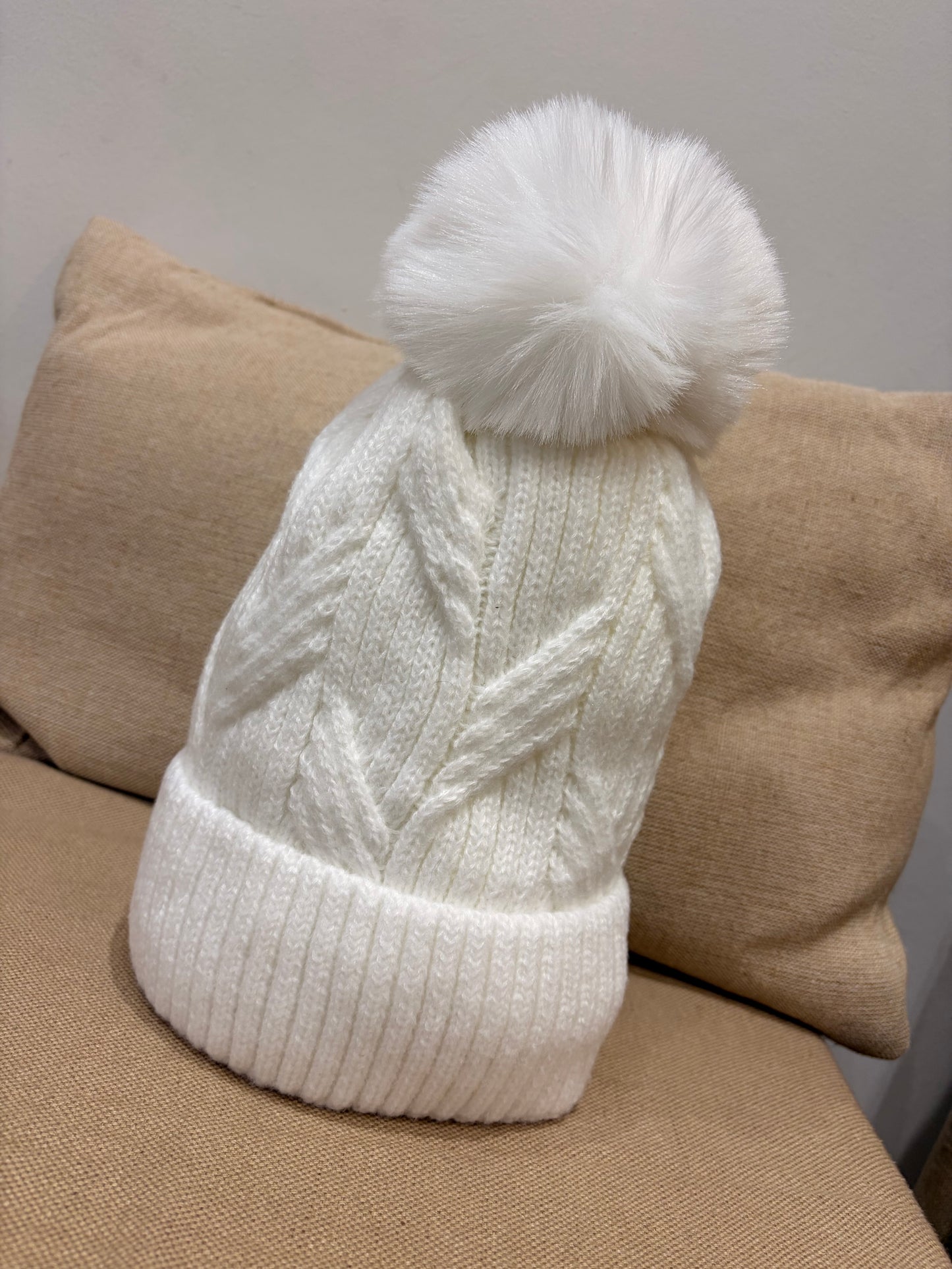 Fleece Lined Pom Pom Hat - Winter White