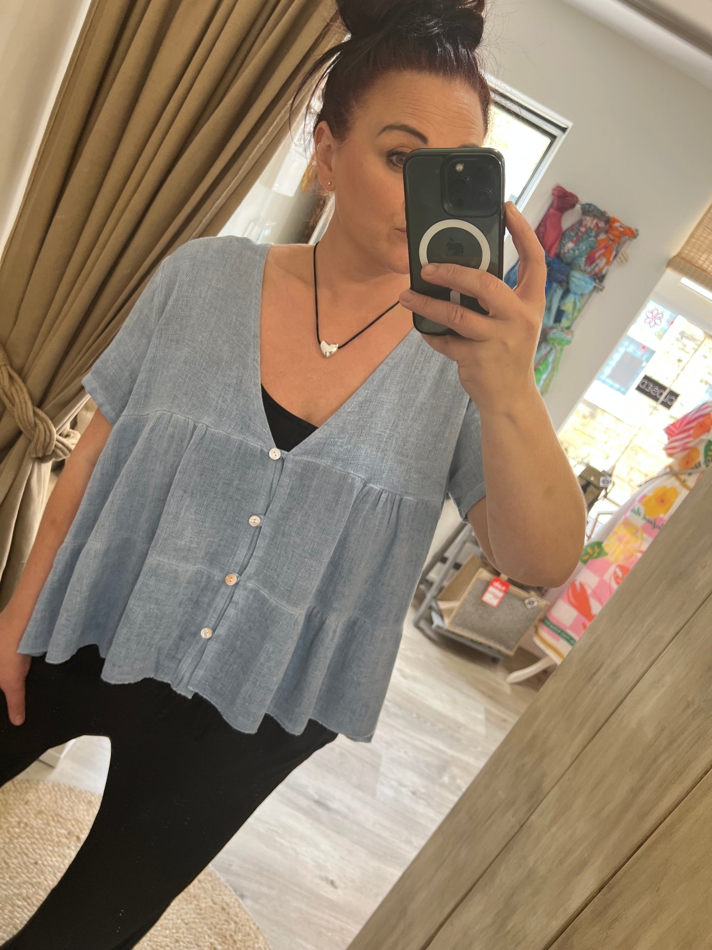 Linen Mix Smock Top - Denim Blue