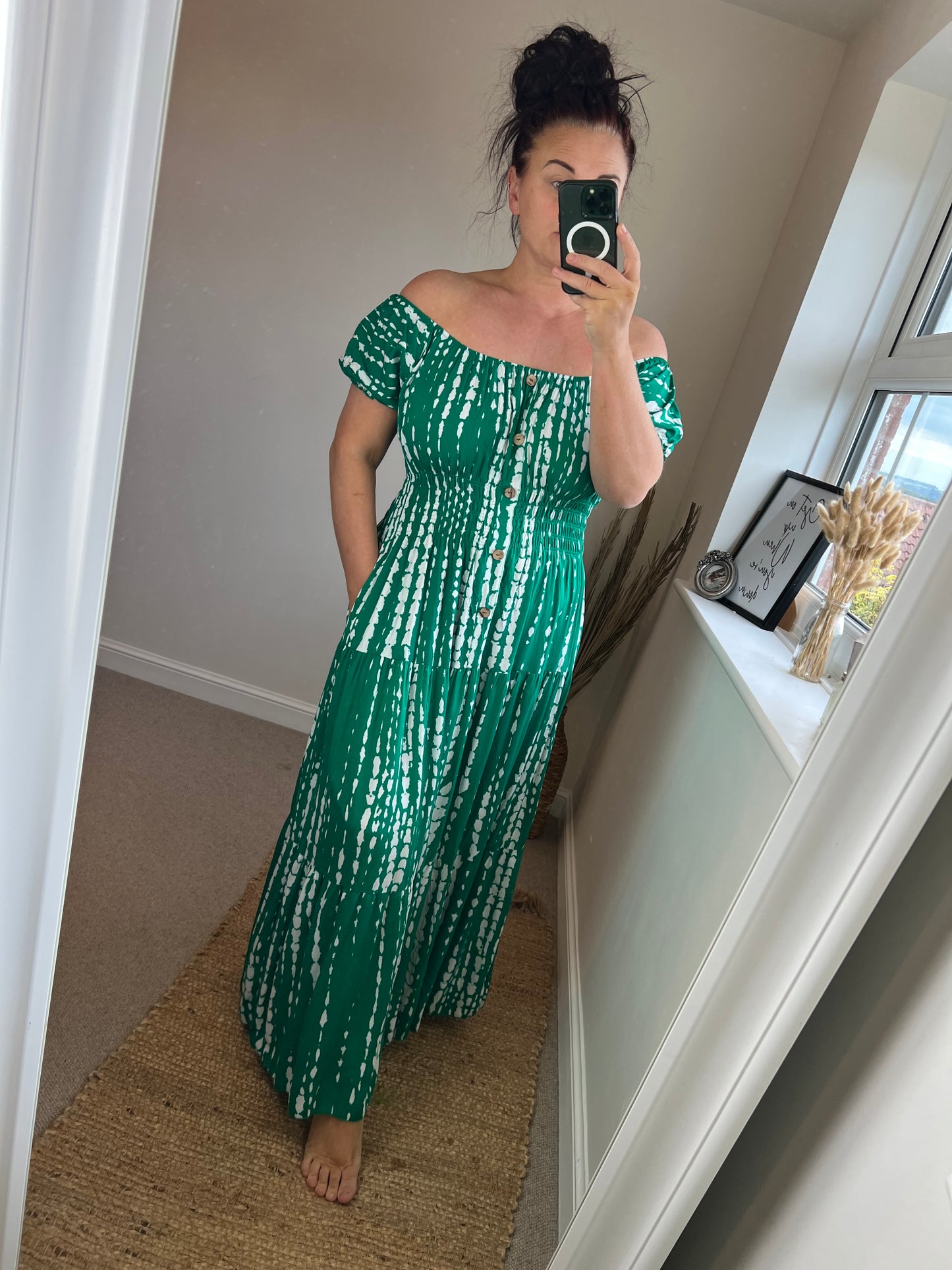 STEVIE Maxi Button Dress with Pockets - Green/White