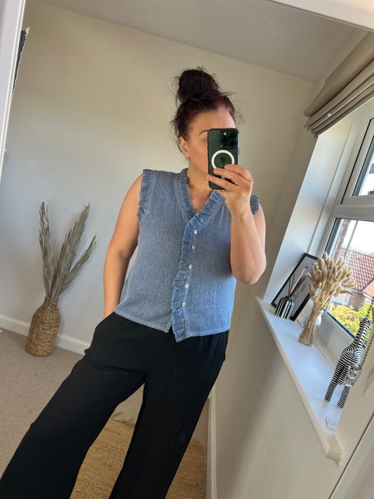 Linen Frill Top - Denim Blue