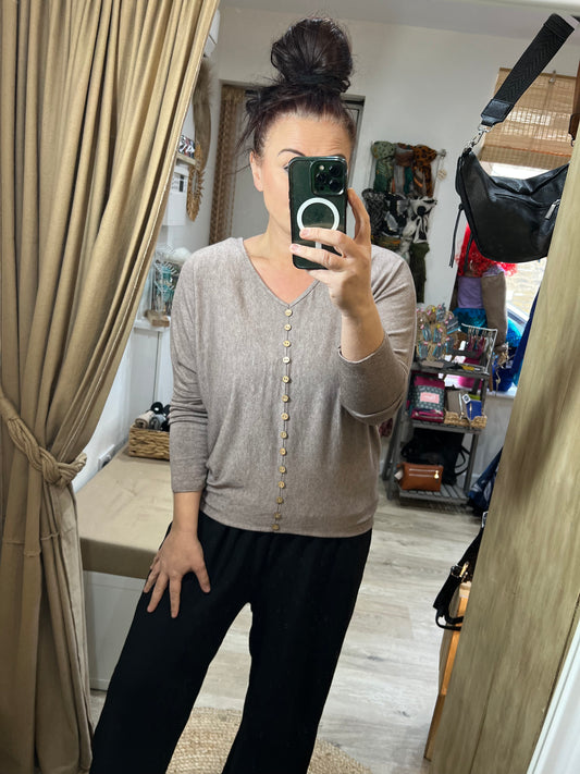 Fine Knit Tiny Button Jumper - Taupe