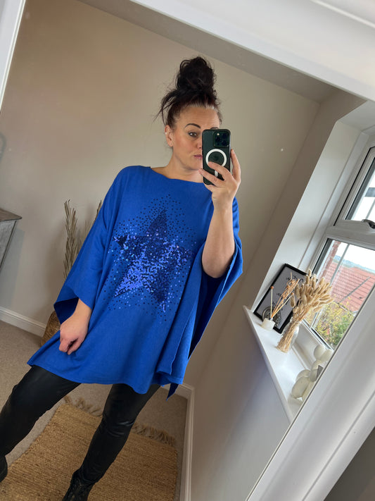 Sequin Star Poncho Jumper - Cobalt