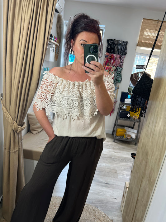Lace Bardot Top - Cream