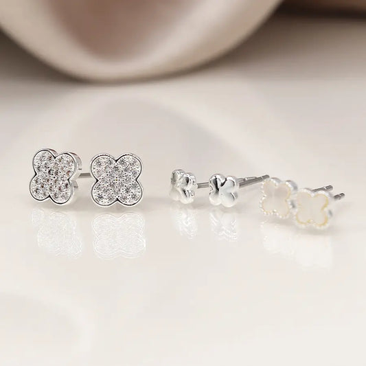 Peace of Mind - Set of 3 Silver Plated Quatrefoil Stud Earrings
