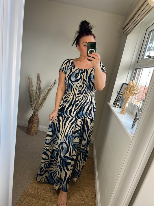STEVIE Maxi Button Dress with Pockets - Zebra Navy