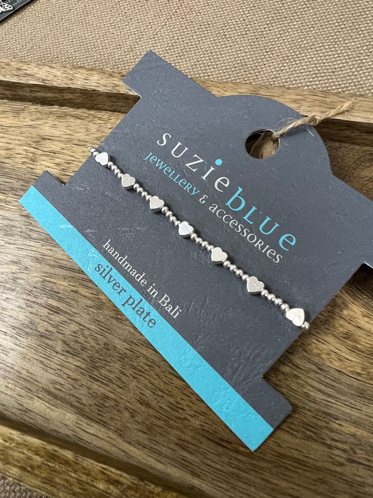 Suzie Blue Silver Plated Stretch Dainty Heart Bracelet