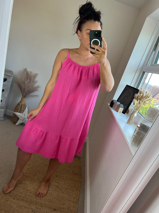 Crinkle Cotton Sun Dress - Cerise