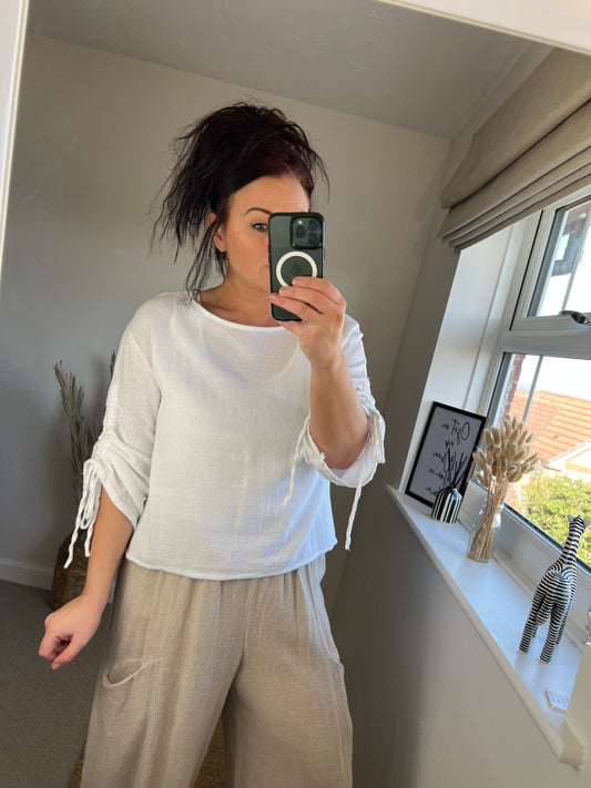 Linen Drawstring Arm Top - White