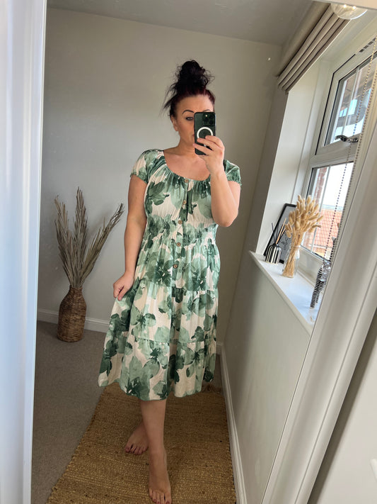 STEVIE Midi Button Dress - Khaki Floral