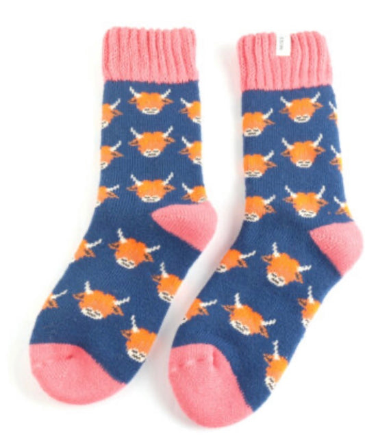 Miss Sparrow Winter Socks - Highland Cow Navy