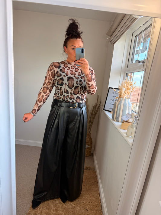 Wide Leg Faux Leather Trousers - Black