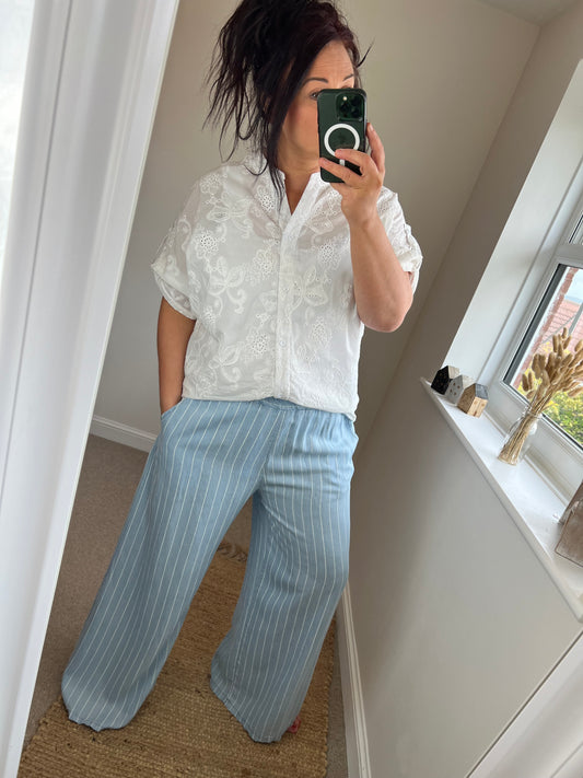 Wide Leg Denim Stripe Trousers - Light